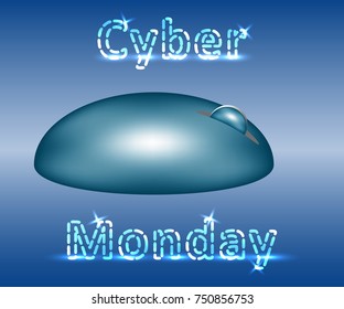 Banner of cyber monday sale. Wireless mouse and neon letters