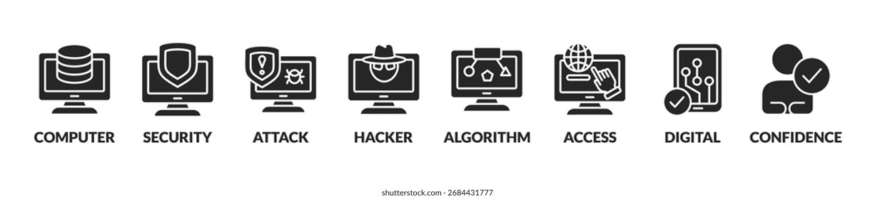 Anuncio de seguridad cibernética y romper el Web de datos aplicación de iconos, ataque, hacker, desastre, acceso