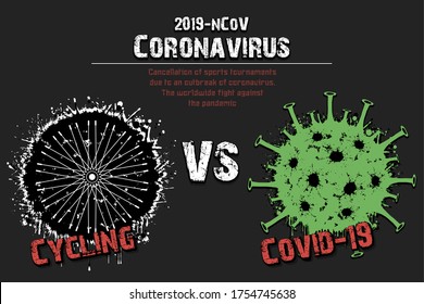 Banner cycling vs covid-19 made of blots. Bicycle wheel against coronavirus sign. Cancellation of sports tournaments. Pattern design. The worldwide fight against the pandemic. Vector illustration