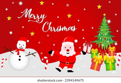 banner dan card Merry Christmas with Christmas tree, gift boxes in snow, santa claus and snowman. Christmas red background winter Holiday design. Vector illustration