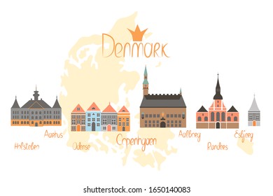 Banner with Danish famous places with map background. Illustrated poster in a flat style. Great for postcard, sticker, banner.