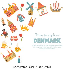Banner with danish symbols, famous places, characters. Illustrated poster with place for text