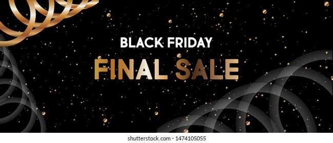 Banner dark background sale black friday gold inscription. Gold sparkles on a black background minimalist expressively stylish restraint