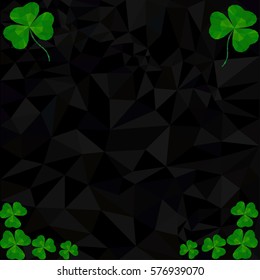 banner, dark background in the style of Low Poly, the leaves of clover, clover leaves on a black background.