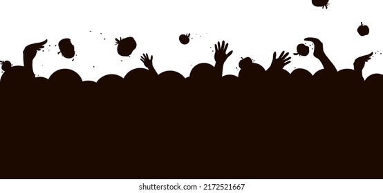 Banner with dark silhouette of a crowd playing throwing tomatoes, over white background.