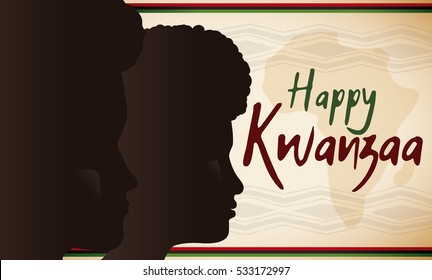 Banner with dark skinned man and woman faces together an Africa silhouette for Kwanzaa celebration with greeting message.