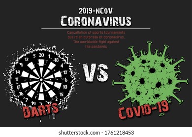 Banner darts vs covid-19 made of blots. Dartboard against coronavirus sign. Cancellation of sports tournaments. Pattern design. The worldwide fight against the pandemic. Vector illustration