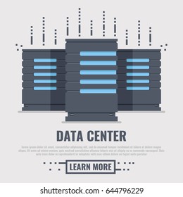 Banner for data center and server room with three server unit. Flat 3d vector illustration 