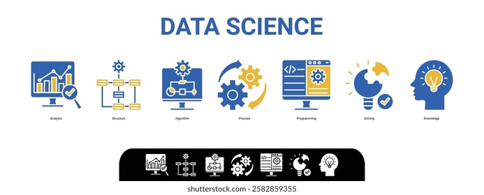 Banner Data science concept with English keywords and icon of analysis, structure, algorithm, process, programming, solving and knowledge