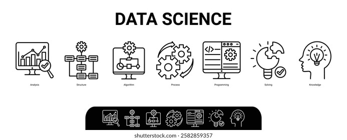 Banner Data science concept with English keywords and icon of analysis, structure, algorithm, process, programming, solving and knowledge