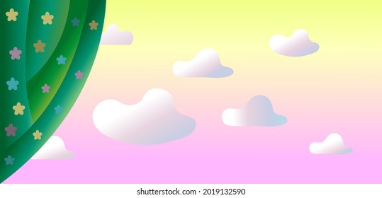 Cartel con cielo al amanecer, nubes y cortina verde. Un lugar para tu texto.