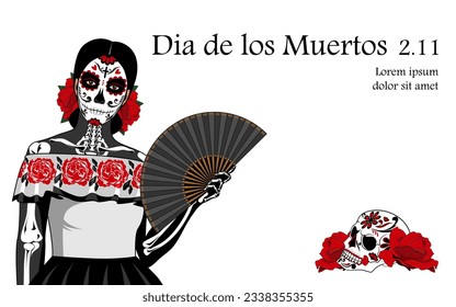 Banner to the day of the dead. A girl in makeup with a fan in her hand.
