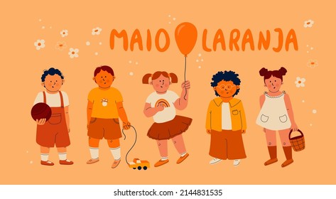 Banner for day of protection of children and adolescents from violence and abuse in Brazil, Portugal. translation - orange may. Girls and boys with toys in their hands.