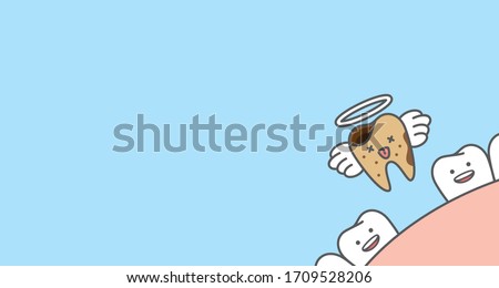 Banner Dead decay tooth missing go to heaven illustration cartoon character vector design on blue background. Dental care concept.