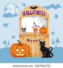 Banner decor with design elements for Halloween celebration decoration. Halloween frame. Wooden booth with pumpkin, black cat, treats, garland with flags, web with spiders, skull and crossbones.