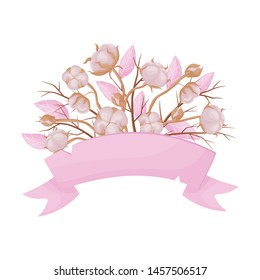 Banner is decorated with a composition of cotton. Vector illustration on white background.