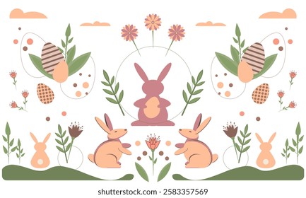 Banner decorated with Easter symbols. Rabbits, Easter eggs, flowers in flat style. Modern minimalist design. Vector.