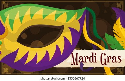 Banner decorated with a frame with colorful half-mask, ribbons, feathers and scroll to celebrate Mardi Gras carnival night.