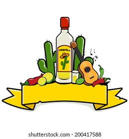 Banner decorated with a tequila bottle and other Mexican themed illustrations. Vector illustration