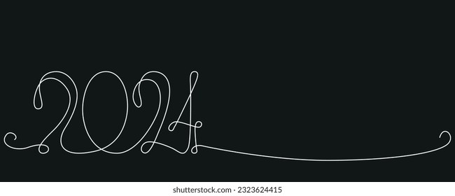 Banner with decoration continuous line hand drawing sign for 2024 year calendar. Vector stock illustration minimalism design isolated on black chalkboard background. Editable stroke single line. EPS10
