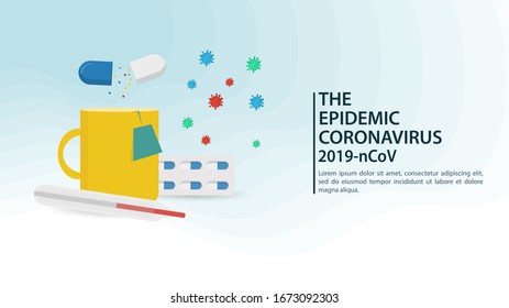 banner de decoración, pandemia de coronavirus, COVID-2019, 2019-nCoV, tazón con té caliente, y medicina para el tratamiento de enfermedades, termómetro para medir la temperatura, ilustración plana vectorial