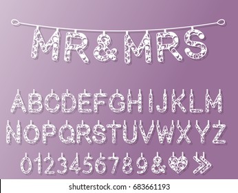 Banner decoration for wedding Mr. end MRS. Letter alphabet for laser cutting of paper and other materials. vector illustration.