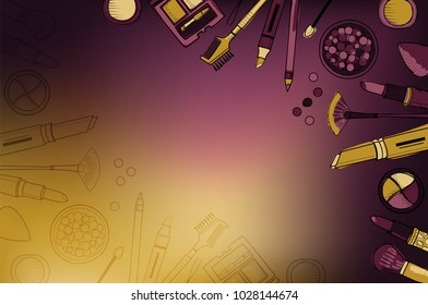 Banner with decorative cosmetics, with place for text. Hand drawn style. Woman stuff. Dark colors