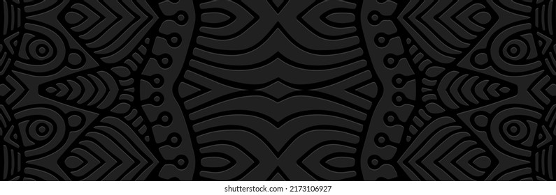 Banner, decorative cover design. Embossed ethnic 3d doodling pattern on a black background in vintage style. Tribal ornaments of East, Asia, India, Mexico, Aztecs, Peru for brochure, booklet, flyer.