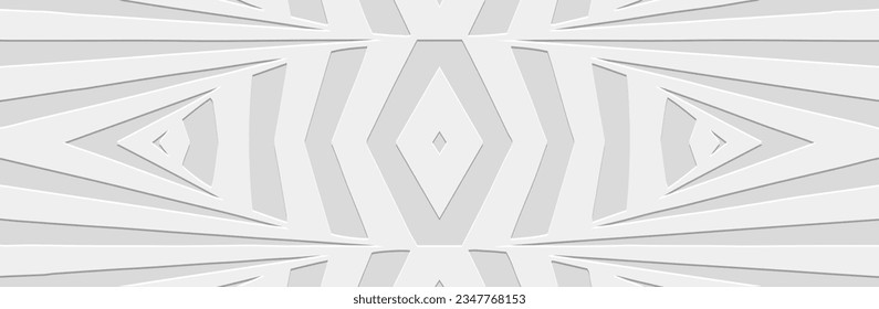 Banner, decorative cover design. Embossed ethnic 3D boho pattern of lines. White background, geometric ornaments in the style of modernism. Tribal color, traditions of the East, Asia, India, Mexico
