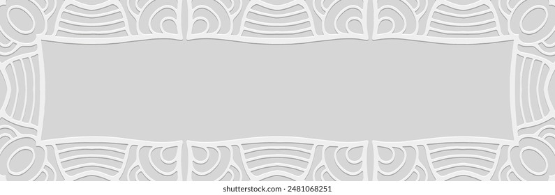 Banner, decorative cover design. Relief geometric ethnic 3D pattern on a white lorem background made of lines. Ornaments, arabesques, handmade. Art Deco, traditions of the East, Asia, India, Mexico