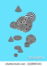 Banner for decorative design with abstract composition of 3d figures with stripped pattern. Purple silk on sphere on abstract blue color background. Abstract 3d geometric background. Modern creative