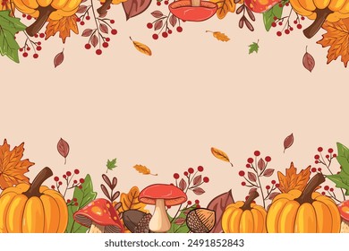 Banner, decorative frame with autumn decorations. Pumpkins, mushrooms, autumn leaves and berries. Thanksgiving holiday. Autumn harvest and harvest concept.