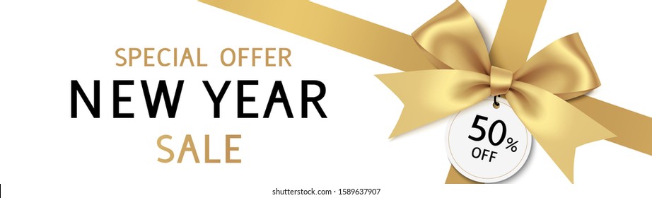 
Banner with decorative golden bow and price tag on the corner of page isolated on white background. Vector illustration