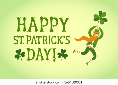 Banner with decorative Happy St. Patrick's Day title and cartoon leprechaun flying with shamrock in his hand.  St. Patrick's Day illustration for your design.