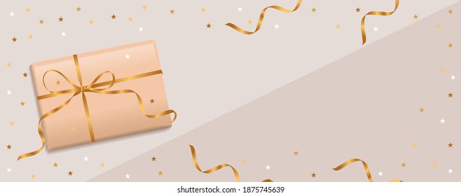 Banner decorative little stars around gift box with gold and long ribbon. Holiday and celebration greeting card.