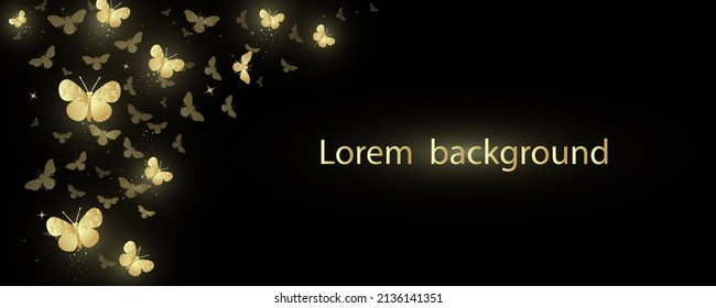 Banner with decorative shining golden butterflies on a black background. Vector illustration.