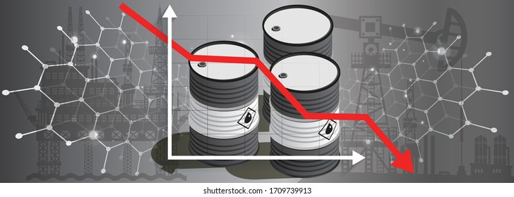 Banner for decrease in oil prices. US Oil market crash concept. Trade among usa saudi russia. Oil barrels with red graph arrow going down. Petroleum drums with low price. Petrol drilling background.