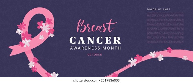 Banner dedicated to Breast cancer awareness month in October. Modern design with pink hand drawn ribbon and flowers. Medical symbol of the fight against cancer. Vector illustration.