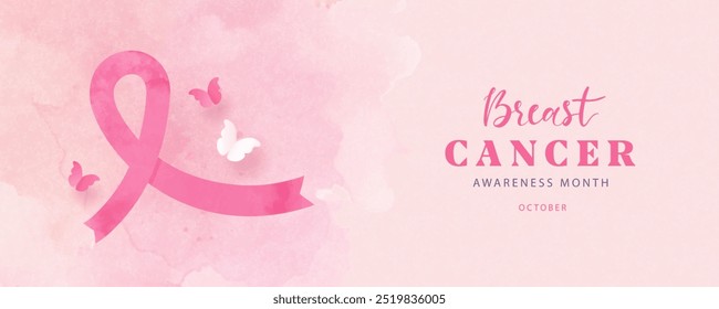 Banner dedicado ao mês de conscientização do câncer de mama em outubro. Design moderno com fita rosa aquarela e borboletas de papel. Símbolo médico da luta contra o câncer. Ilustração vetorial.