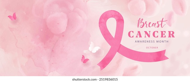 Anuncio dedicado al mes de concienciación sobre el cáncer de mama en octubre. Diseño moderno con cinta de color rosa acuarela y mariposas de papel. Símbolo médico de la lucha contra el cáncer. Ilustración vectorial.