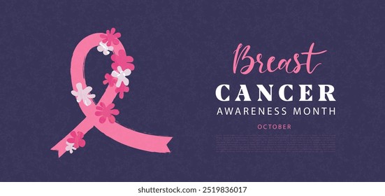 Anuncio dedicado al mes de concienciación sobre el cáncer de mama en octubre. Diseño moderno con cinta dibujada a mano rosa y flores. Símbolo médico de la lucha contra el cáncer. Ilustración vectorial.