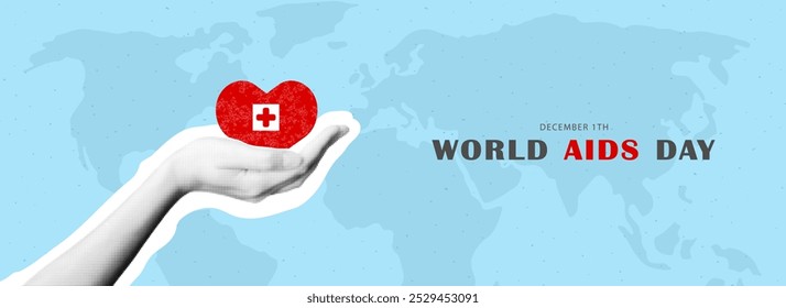 Anuncio dedicado al Día Mundial del Sida el 1 de diciembre. Mano de medio tono con corazón rojo. Ilustración vectorial. Concepto de salud. Detener el VIH