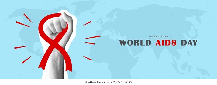 Banner dedicado ao Dia Mundial da Aids em 1º de dezembro. Mão de meio-tom com fita vermelha. Ilustração vetorial. Conceito de saúde. Parar o HIV
