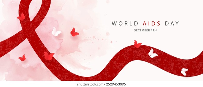 Anuncio dedicado al Día Mundial del Sida el 1 de diciembre. Cinta roja y mariposas de papel sobre fondo de acuarela. Ilustración vectorial. Concepto de salud. Detener el VIH.