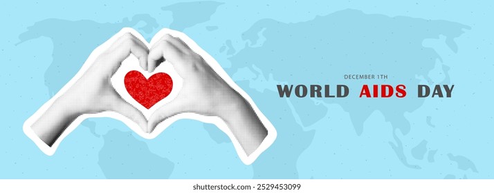 Anuncio dedicado al Día Mundial del Sida el 1 de diciembre. Manos en forma de corazón de medio tono. Ilustración vectorial. Concepto de salud. Detener el VIH.