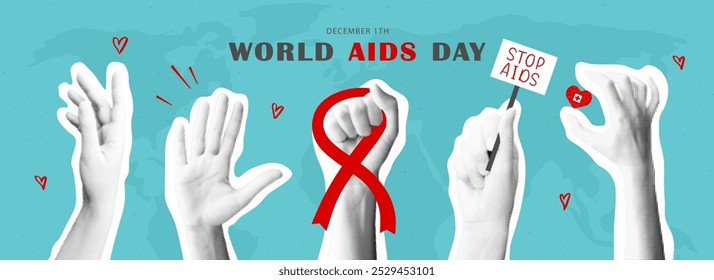 Anuncio dedicado al Día Mundial del Sida el 1 de diciembre. Manos semitonos con cinta roja, corazón rojo, señal de stop, sosteniendo el Anuncio. Ilustración vectorial. Concepto de salud. Detener el VIH.
