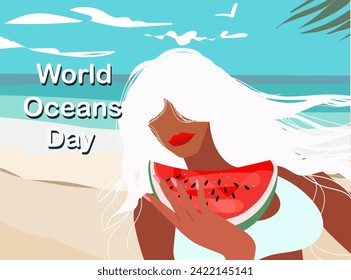 Banner dedicated to the World Oceans Day. Girl on the ocean coast, relaxing.