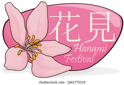 Banner with delicate and beautiful cherry blossom for Hanami ("flower viewing", written in Japanese) Festival over a pink sign.