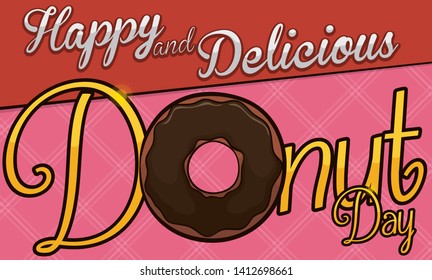 Banner with a delicious chocolate donut over a square tablecloth and a golden greeting message to celebrate Donut Day.