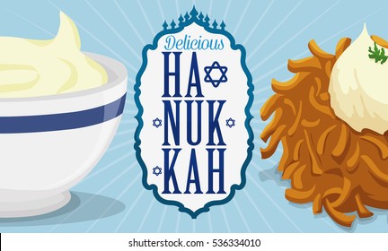 Banner with delicious latke and cheese sauce ready to be served in Hanukkah with a greeting label.